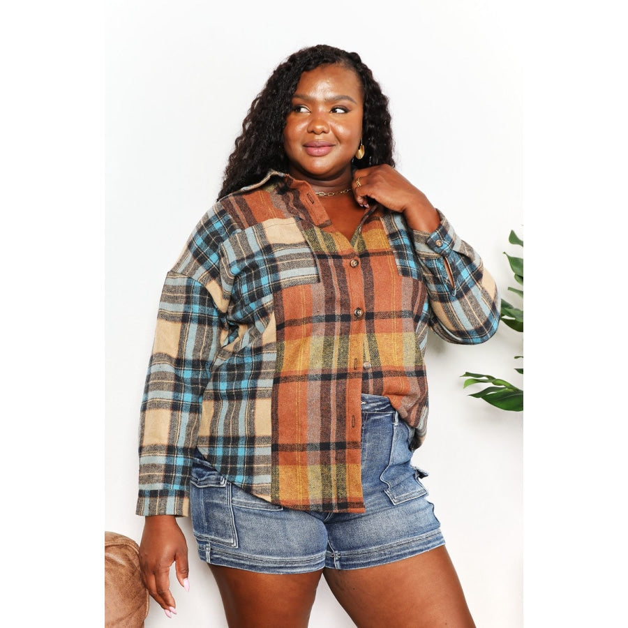 Double Take Plaid Curved Hem Shirt Jacket with Breast Pockets