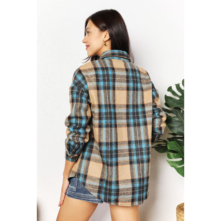 Double Take Plaid Curved Hem Shirt Jacket with Breast Pockets Plaid / S
