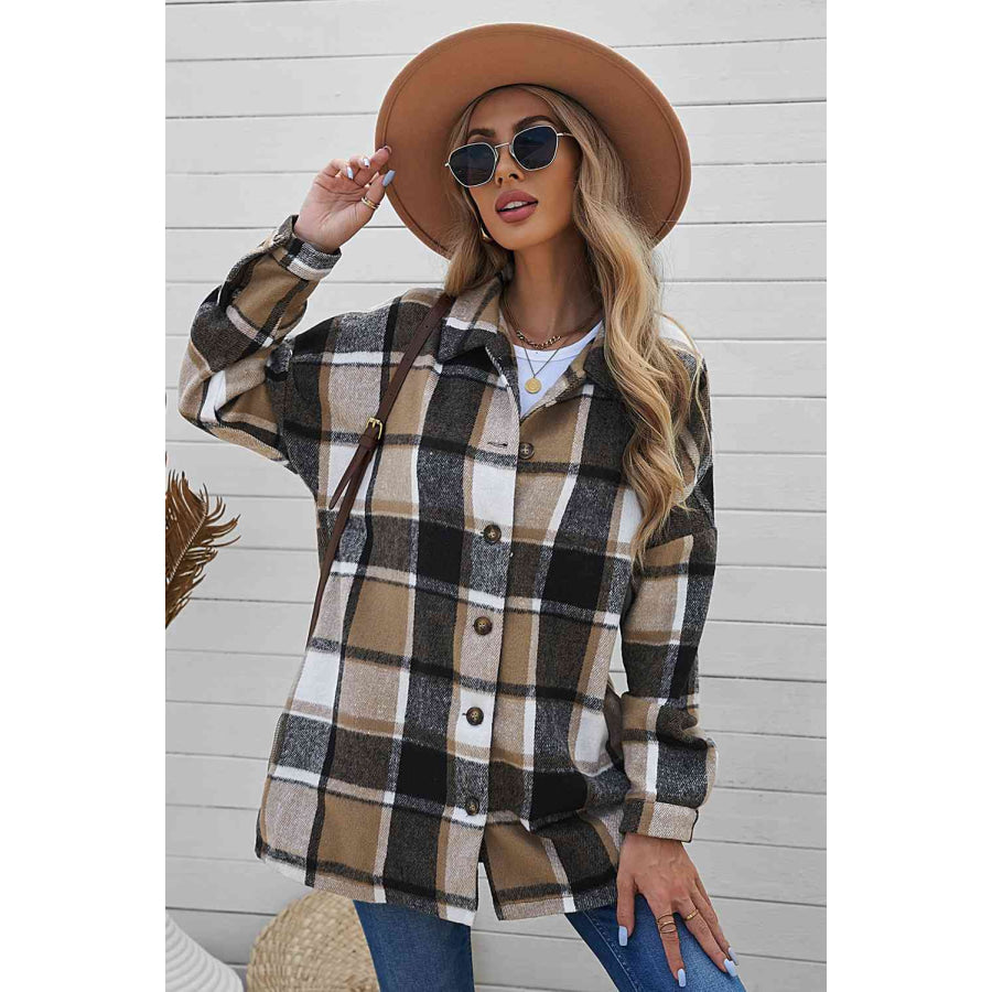 Double Take Plaid Dropped Shoulder Pocketed Shirt Jacket Brown / S Shacket