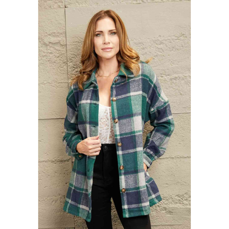 Double Take Plaid Dropped Shoulder Pocketed Shirt Jacket Green / S Shacket
