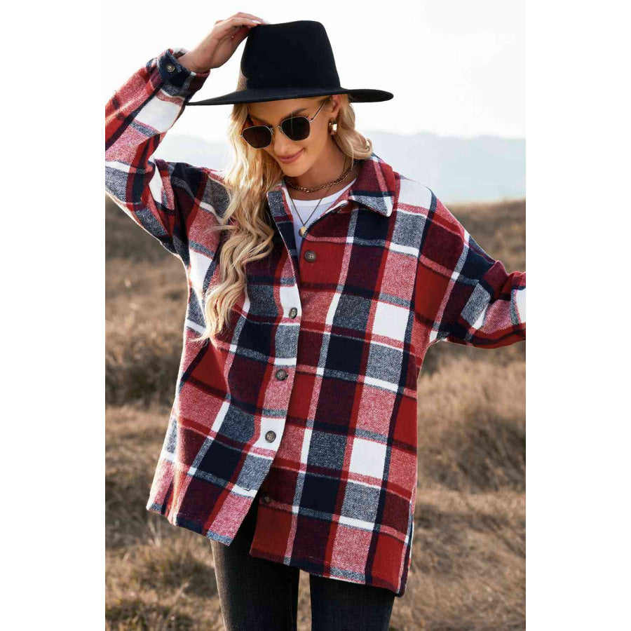 Double Take Plaid Dropped Shoulder Pocketed Shirt Jacket Rust / S Shacket