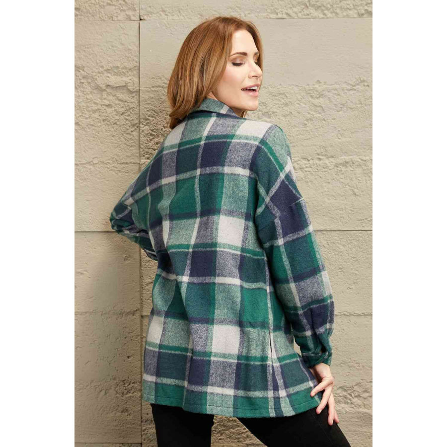 Double Take Plaid Dropped Shoulder Pocketed Shirt Jacket Green / S Shacket