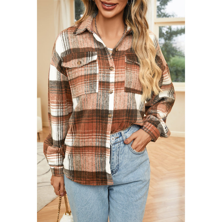 Double Take Plaid Dropped Shoulder Shacket Caramel / L Shacket