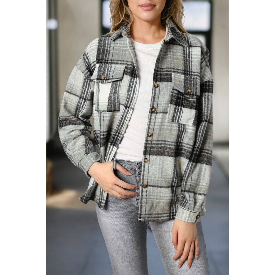 Double Take Plaid Dropped Shoulder Shacket Gray / L Shacket