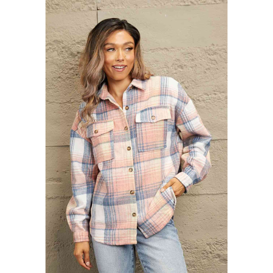 Double Take Plaid Dropped Shoulder Shacket Pink/Blue / S