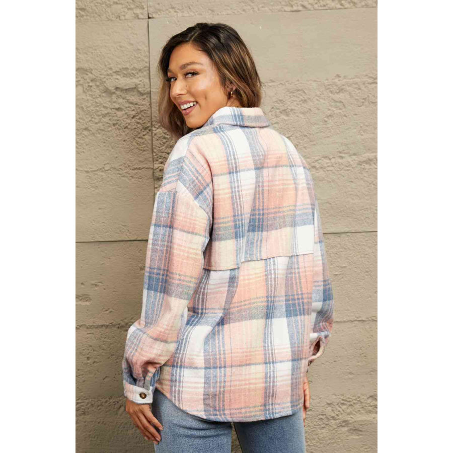 Double Take Plaid Dropped Shoulder Shacket Pink/Blue / S