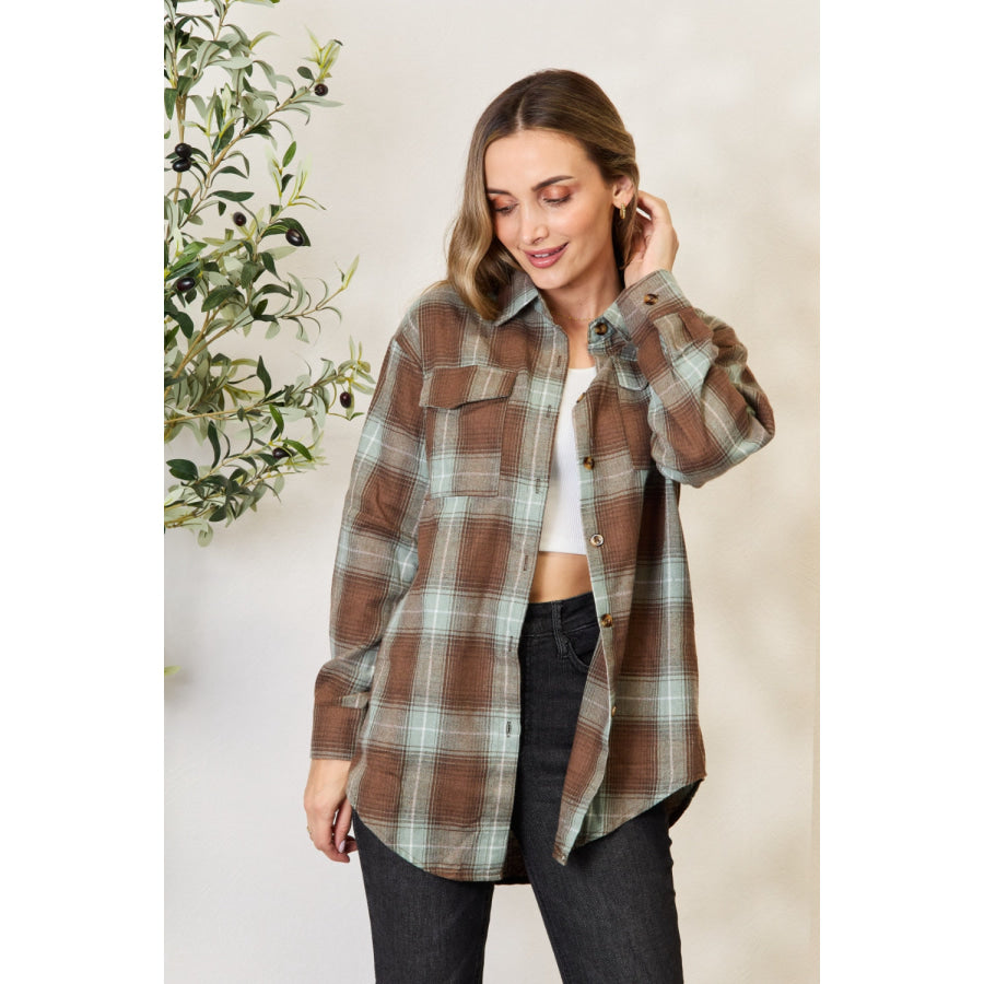 Double Take Plaid Dropped Shoulder Shirt Olive Brown / 2XL