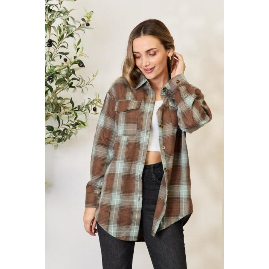 Double Take Plaid Dropped Shoulder Shirt Olive Brown / S