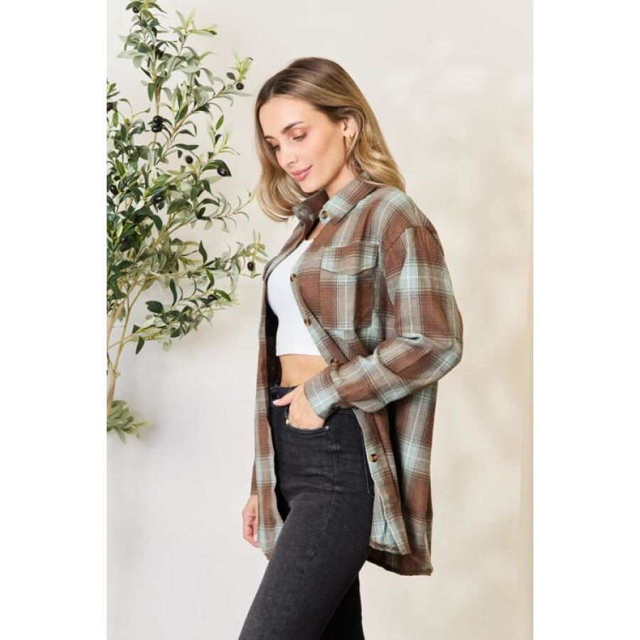 Double Take Plaid Dropped Shoulder Shirt