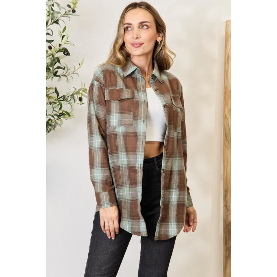 Double Take Plaid Dropped Shoulder Shirt Olive Brown / S