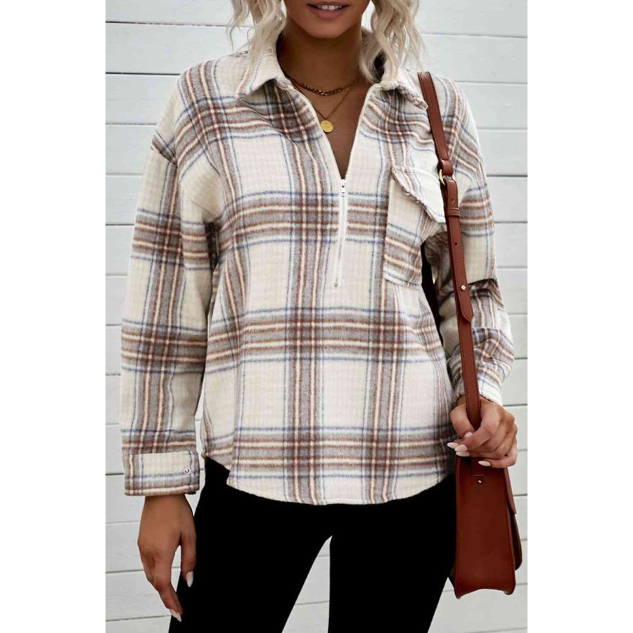 Double Take Plaid Half - Zip Collared Curved Hem Sweatshirt Apparel and Accessories