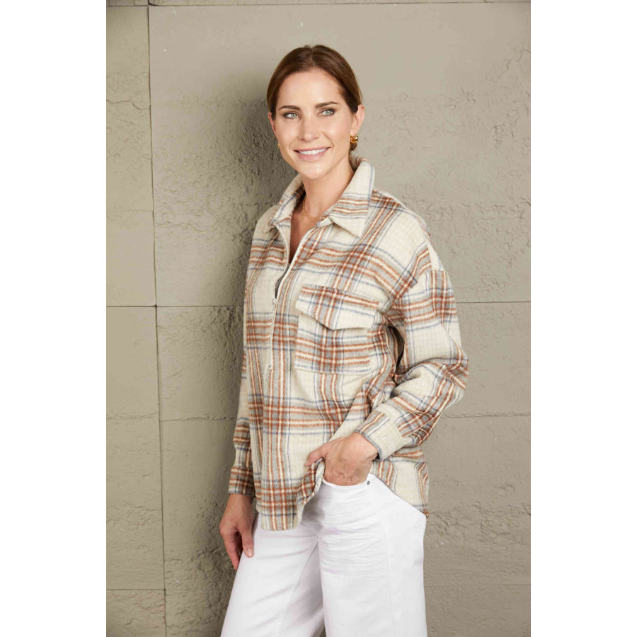 Double Take Plaid Half - Zip Collared Curved Hem Sweatshirt Apparel and Accessories