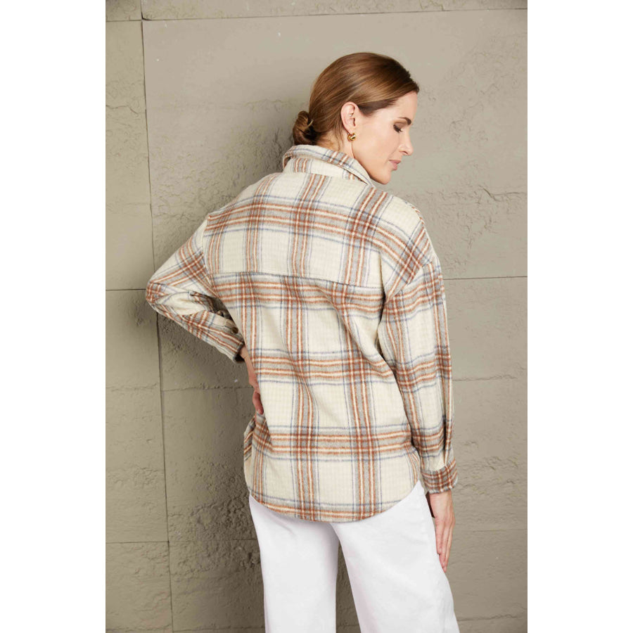 Double Take Plaid Half - Zip Collared Curved Hem Sweatshirt Apparel and Accessories