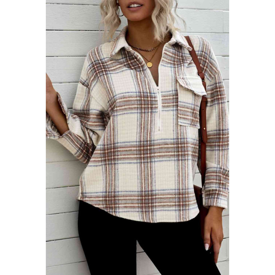 Double Take Plaid Half - Zip Collared Curved Hem Sweatshirt Apparel and Accessories