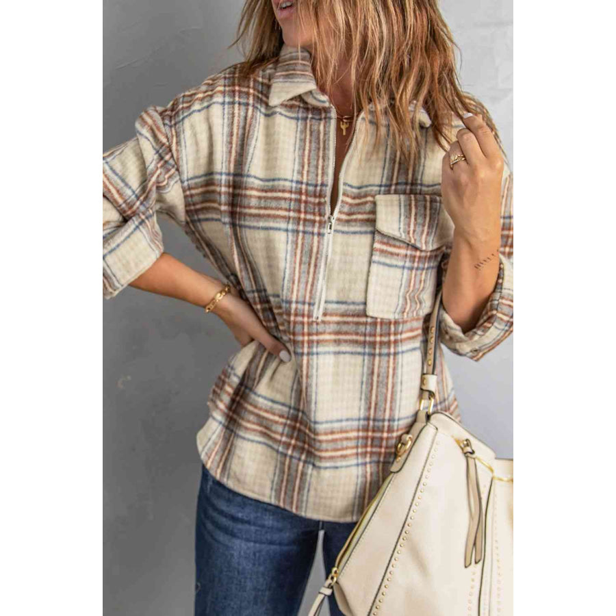 Double Take Plaid Half - Zip Collared Curved Hem Sweatshirt Apparel and Accessories