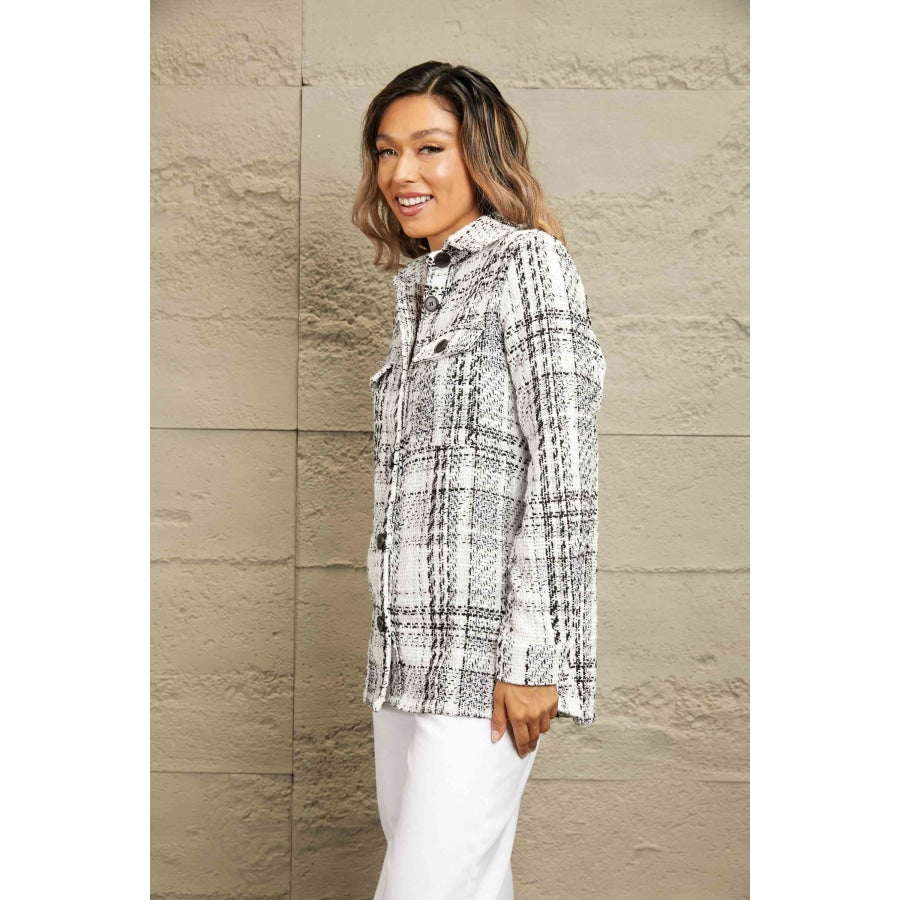 Double Take Plaid Pocketed Long Sleeve Shirt Jacket Apparel and Accessories