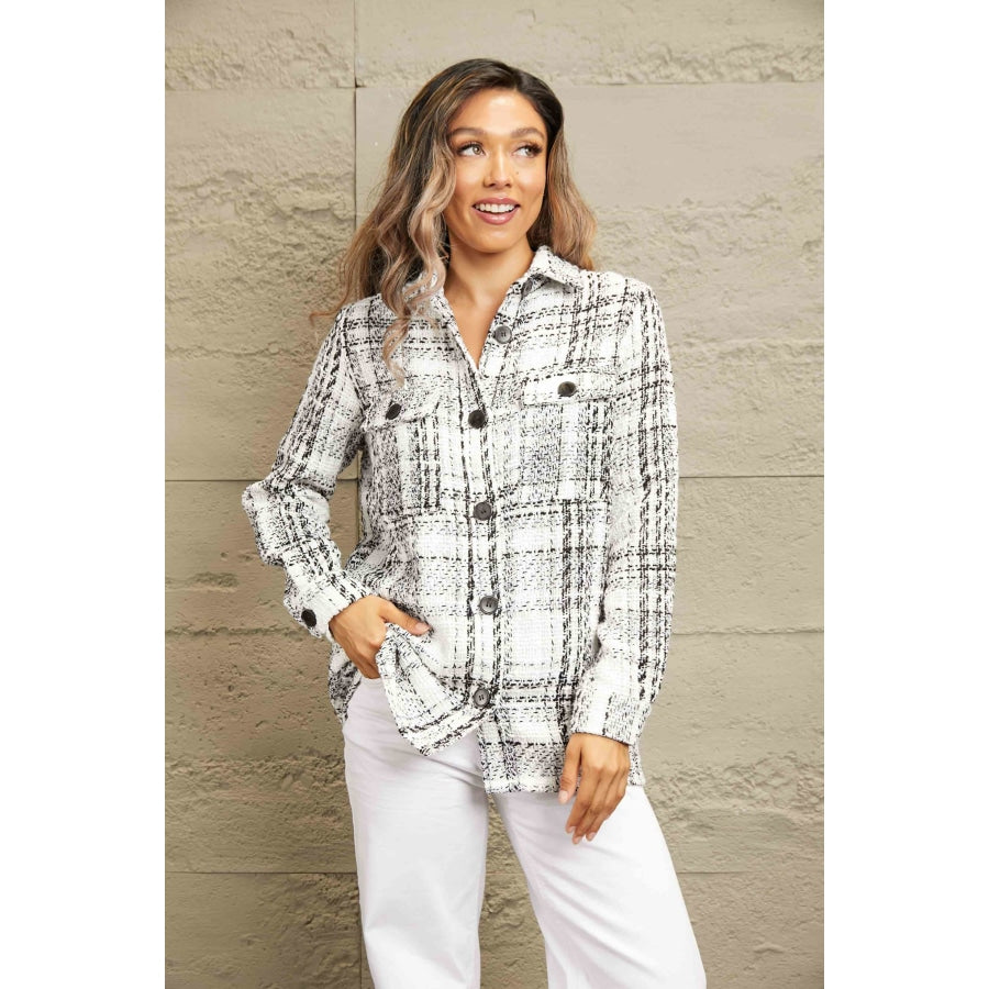 Double Take Plaid Pocketed Long Sleeve Shirt Jacket Gray / S Apparel and Accessories