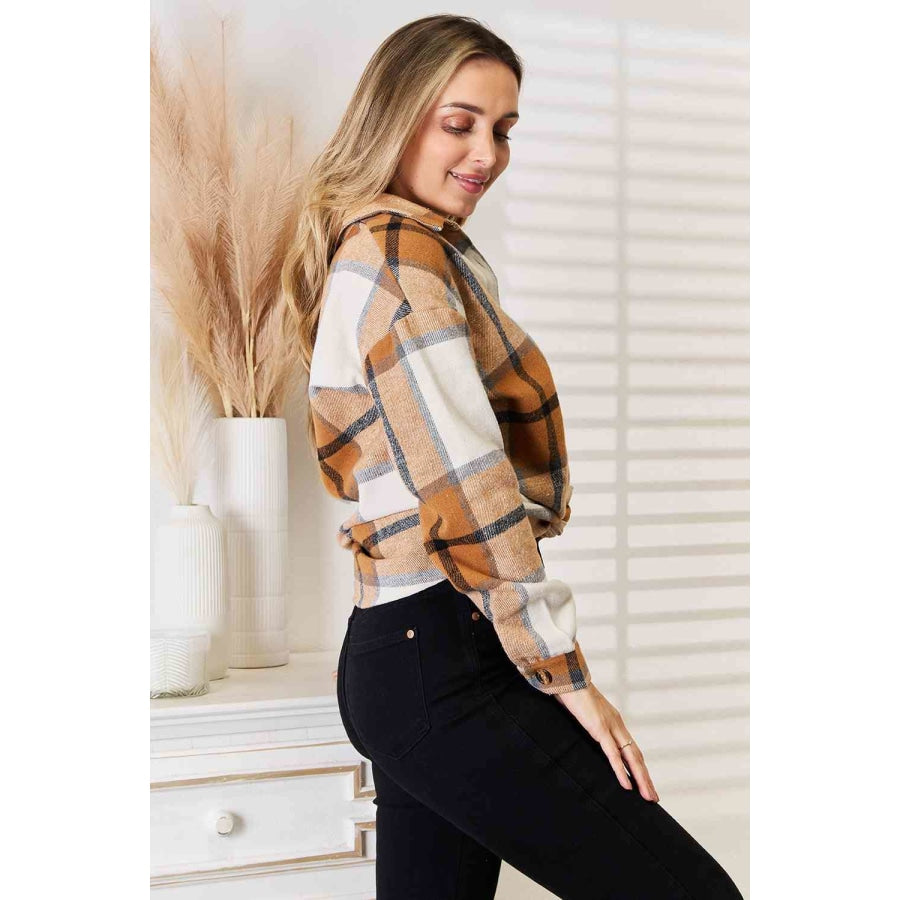 Double Take Plaid Print Dropped Shoulder Shirt Apparel and Accessories