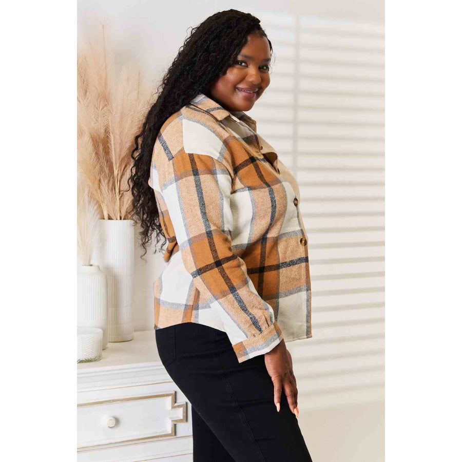 Double Take Plaid Print Dropped Shoulder Shirt Apparel and Accessories