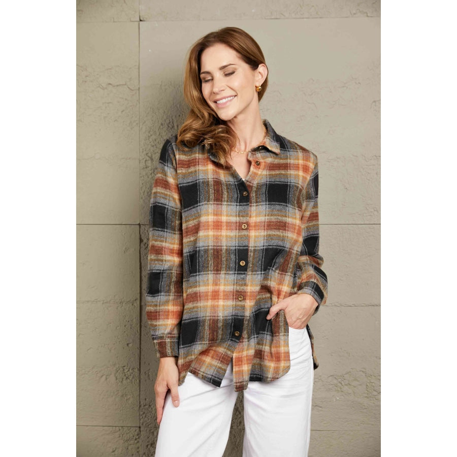 Double Take Plaid Side Slit Curved Hem Shirt Apparel and Accessories