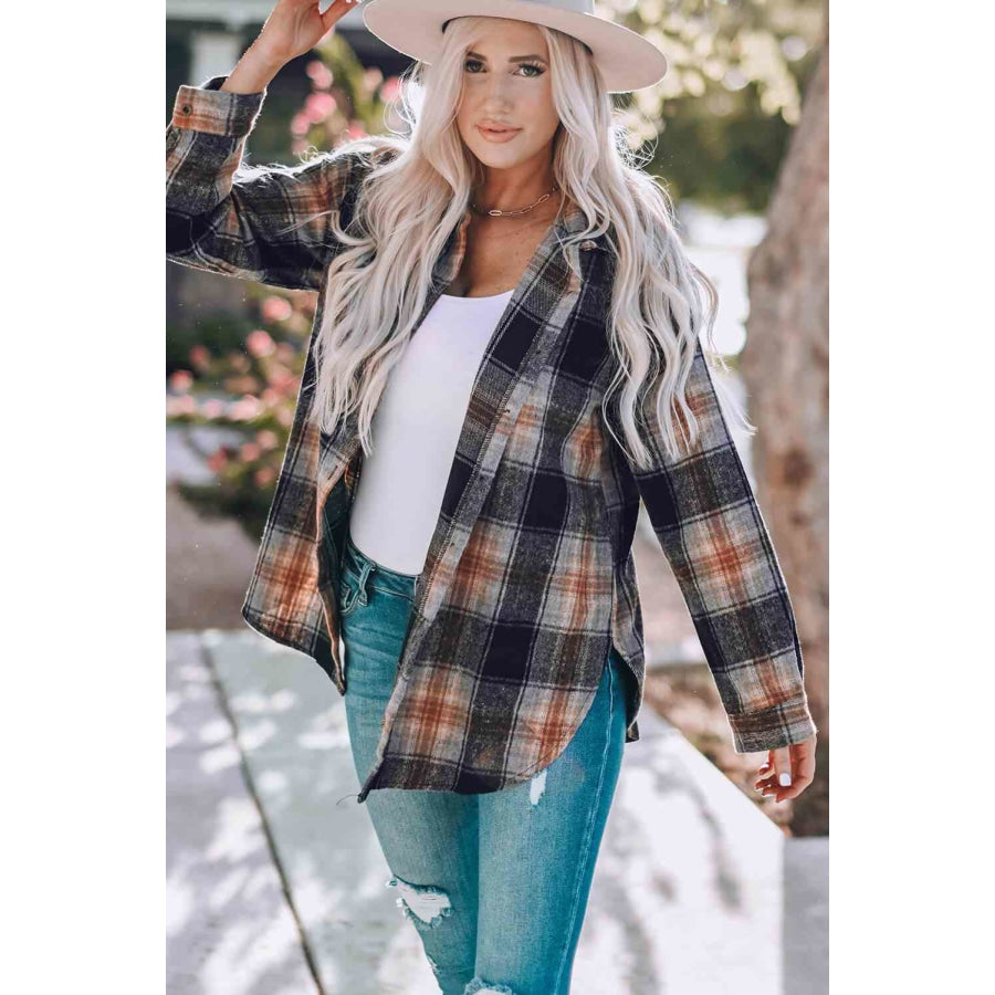 Double Take Plaid Side Slit Curved Hem Shirt Apparel and Accessories