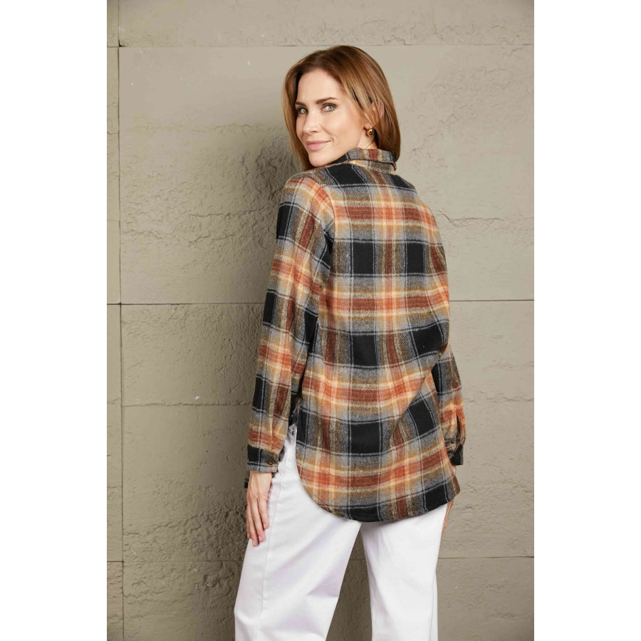 Double Take Plaid Side Slit Curved Hem Shirt Apparel and Accessories