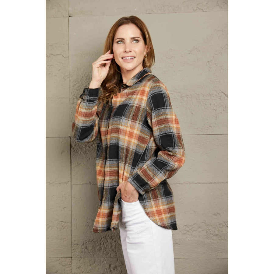 Double Take Plaid Side Slit Curved Hem Shirt Apparel and Accessories