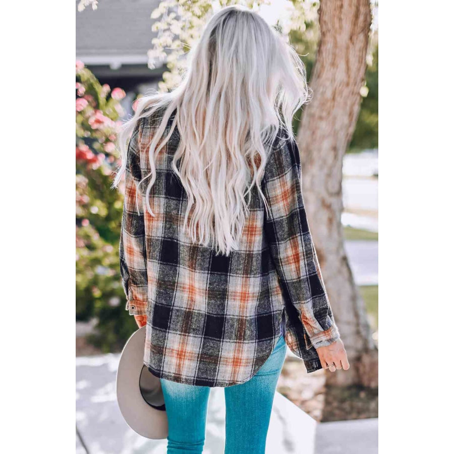 Double Take Plaid Side Slit Curved Hem Shirt Apparel and Accessories