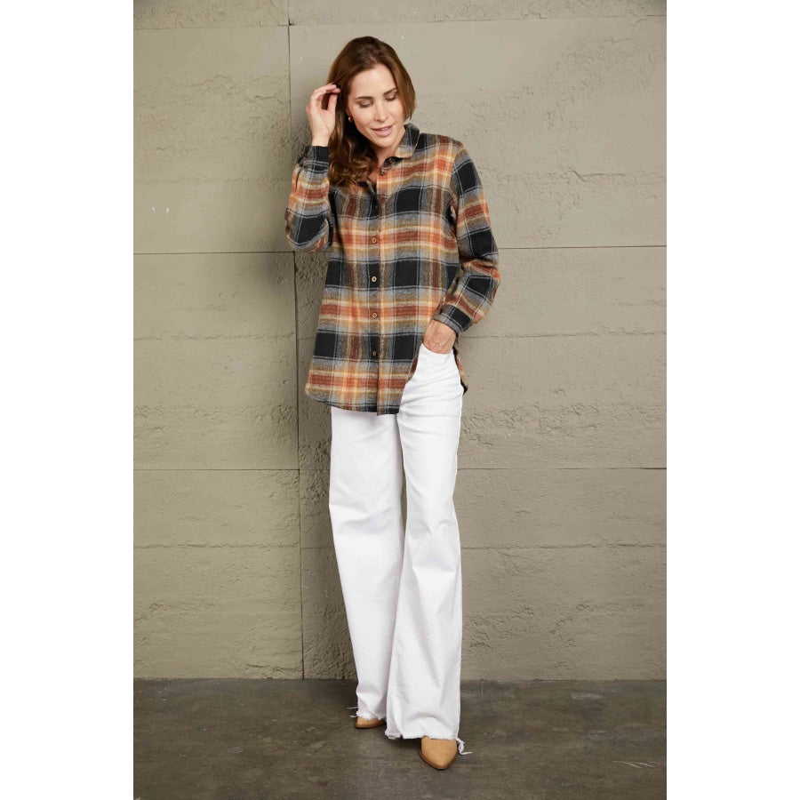 Double Take Plaid Side Slit Curved Hem Shirt Apparel and Accessories