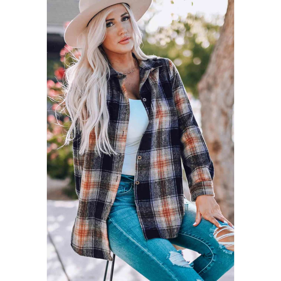 Double Take Plaid Side Slit Curved Hem Shirt Apparel and Accessories