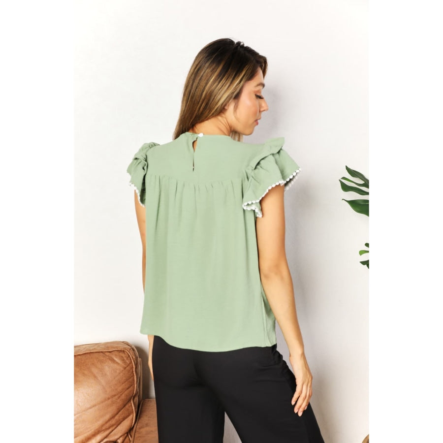 Double Take Pleated Detail Flutter Sleeve Blouse Gum Leaf / S