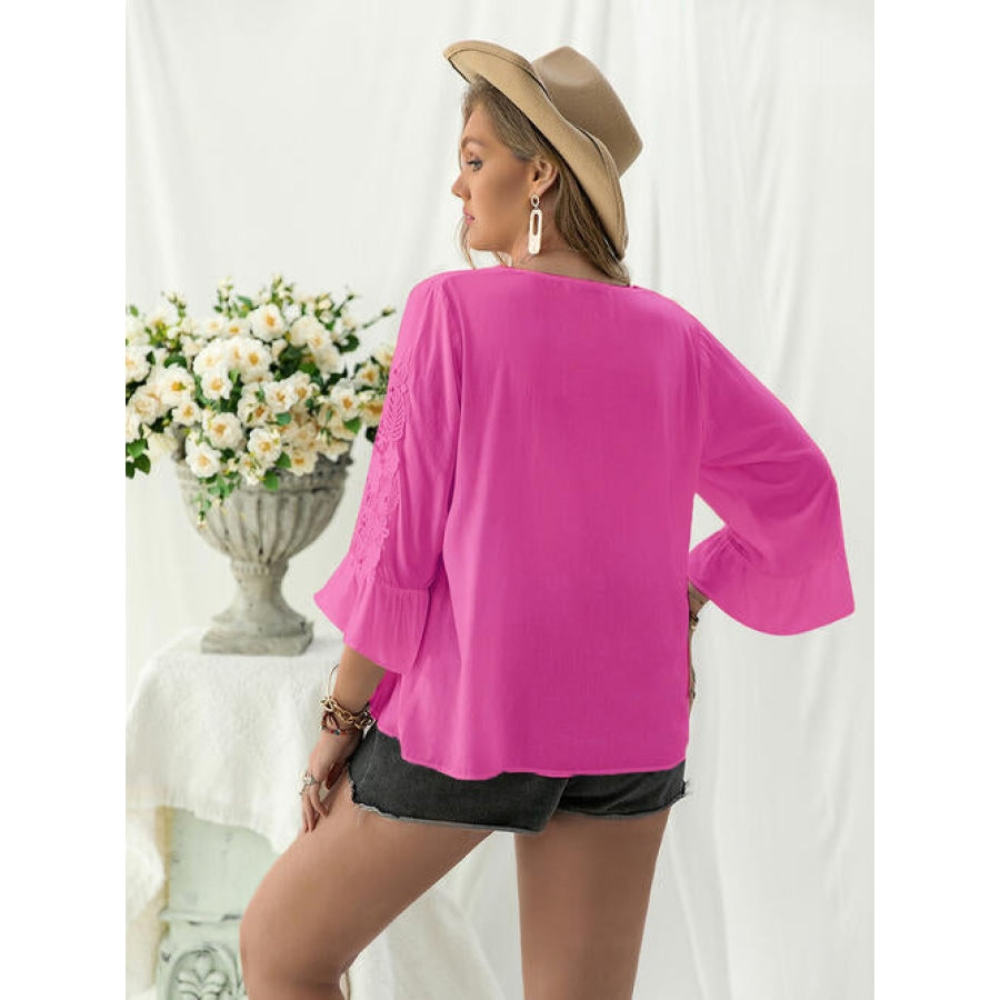 Double Take Plus Size Flower Crochet Flare Sleeve Top Hot Pink / 0XL