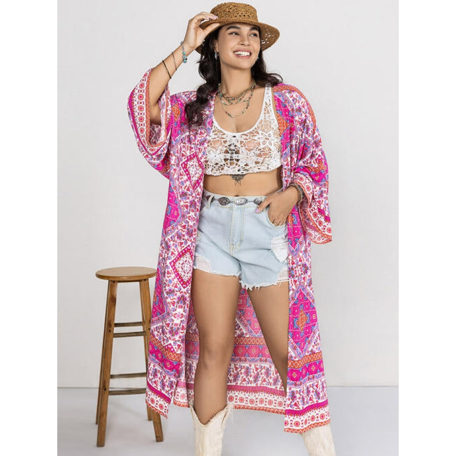 Double Take Plus Size Printed Open Front Longline Cardigan