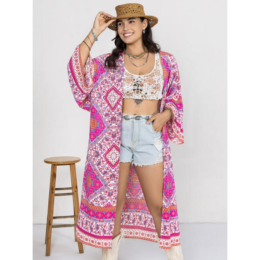 Double Take Plus Size Printed Open Front Longline Cardigan