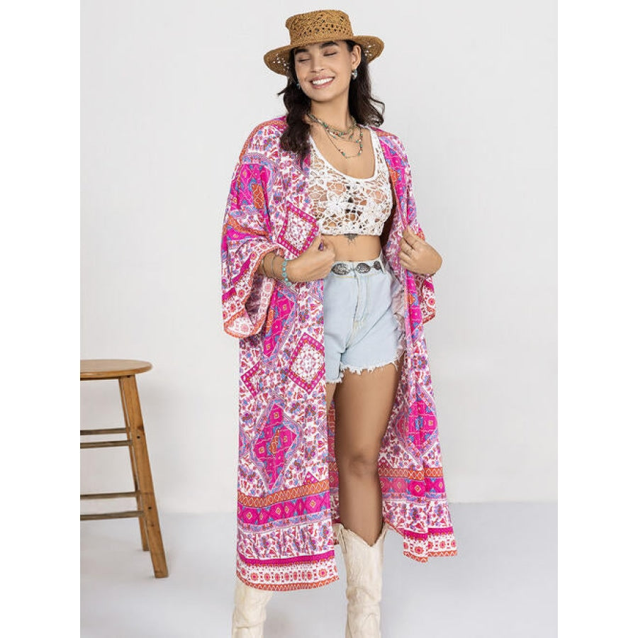 Double Take Plus Size Printed Open Front Longline Cardigan