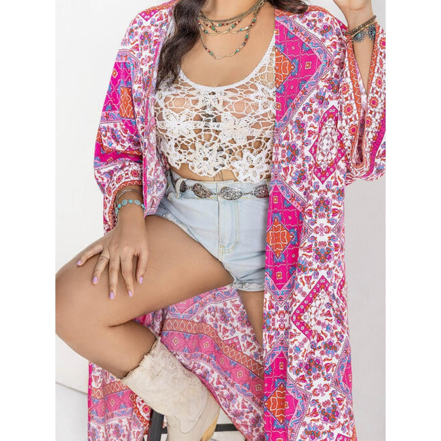 Double Take Plus Size Printed Open Front Longline Cardigan