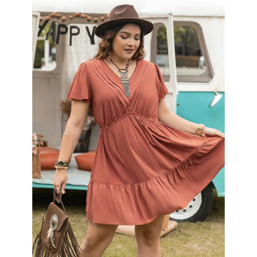 Double Take Plus Size Ruffle Hem V-Neck Short Sleeve Dress Caramel / 0XL