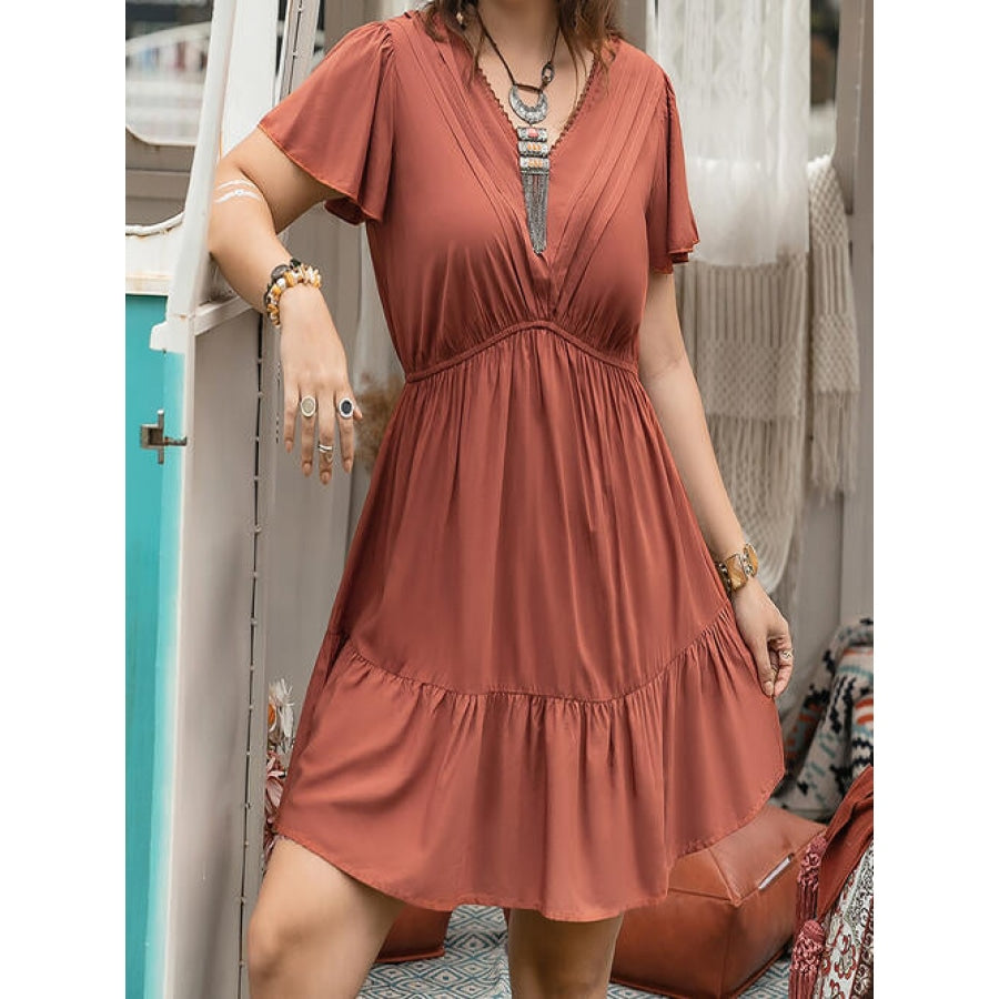 Double Take Plus Size Ruffle Hem V-Neck Short Sleeve Dress