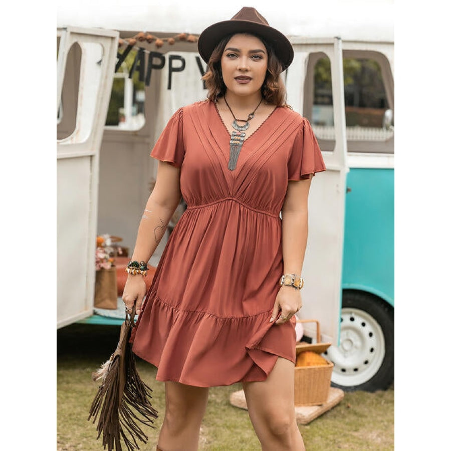 Double Take Plus Size Ruffle Hem V-Neck Short Sleeve Dress Caramel / 0XL