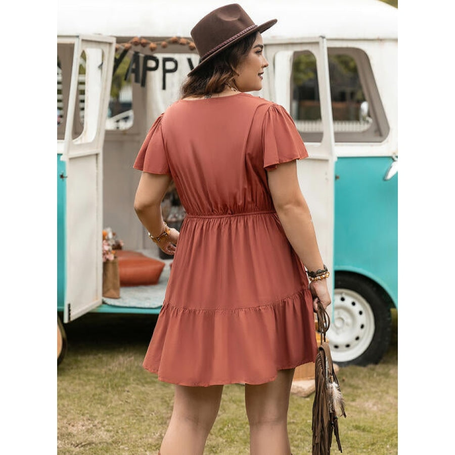 Double Take Plus Size Ruffle Hem V-Neck Short Sleeve Dress