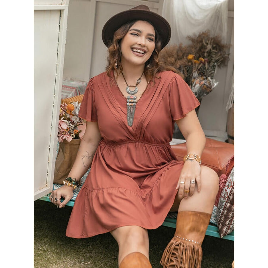 Double Take Plus Size Ruffle Hem V-Neck Short Sleeve Dress