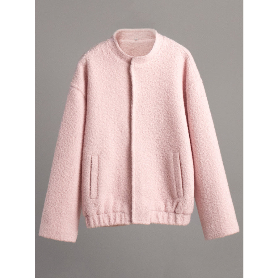 Double Take Plush Mock Neck Snap Down Jacket with Pockets Blush Pink / S Apparel and Accessories