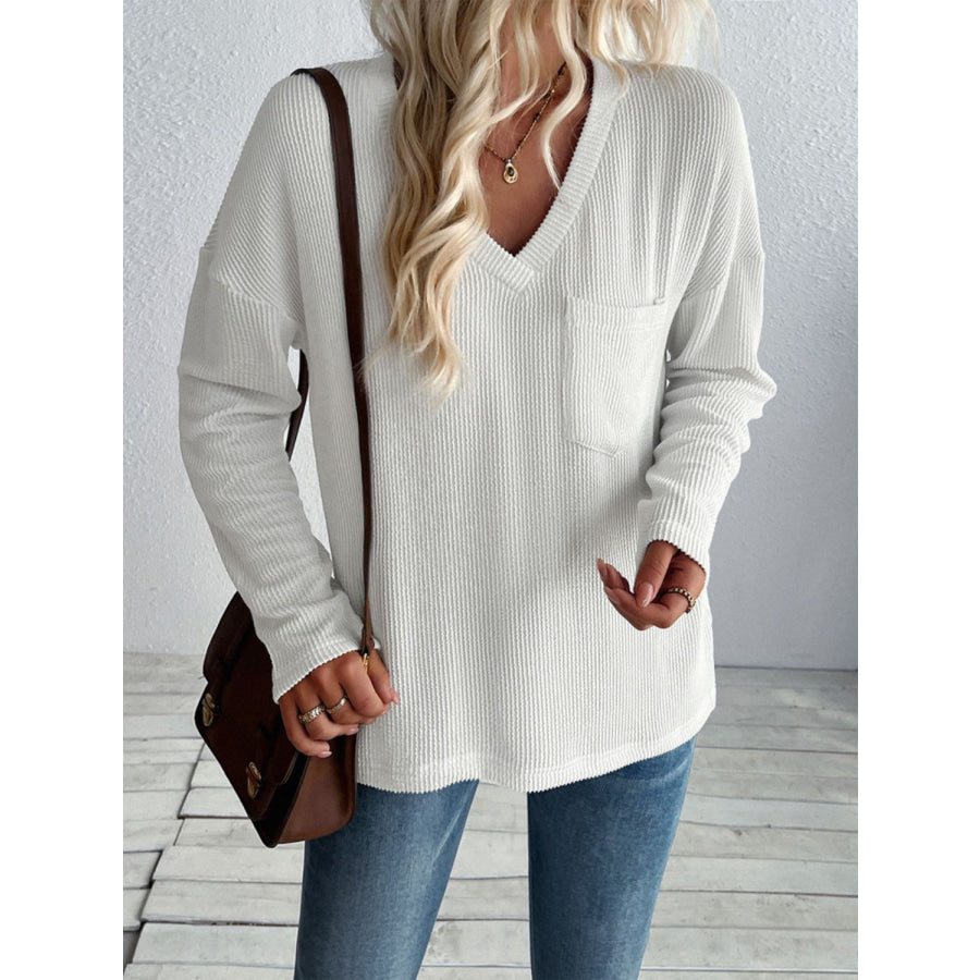 Double Take Pocketed Textured V-Neck Long Sleeve T-Shirt Apparel and Accessories