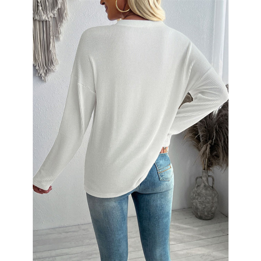 Double Take Pocketed Textured V-Neck Long Sleeve T-Shirt Apparel and Accessories