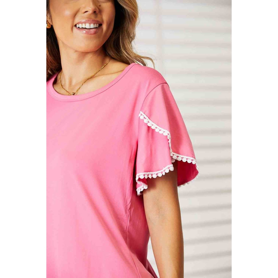 Double Take Pom-Pom Trim Flutter Sleeve Round Neck T-Shirt Apparel and Accessories