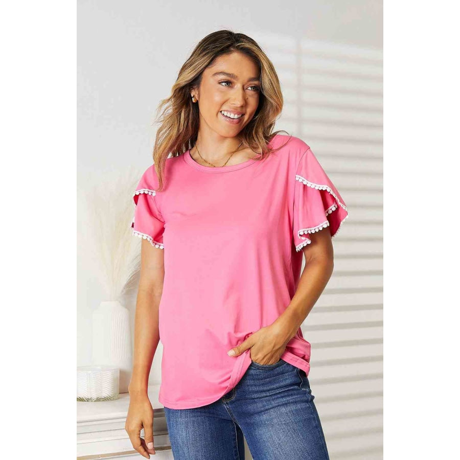 Double Take Pom-Pom Trim Flutter Sleeve Round Neck T-Shirt Hot Pink / S Apparel and Accessories