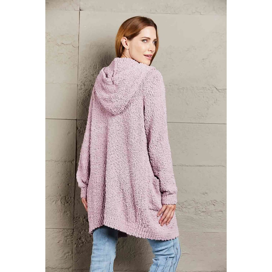 Double Take Popcorn-Knit Long Sleeve Hooded Cardigan Lilac / S Apparel and Accessories