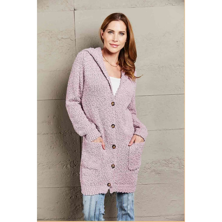 Double Take Popcorn-Knit Long Sleeve Hooded Cardigan Lilac / S Apparel and Accessories