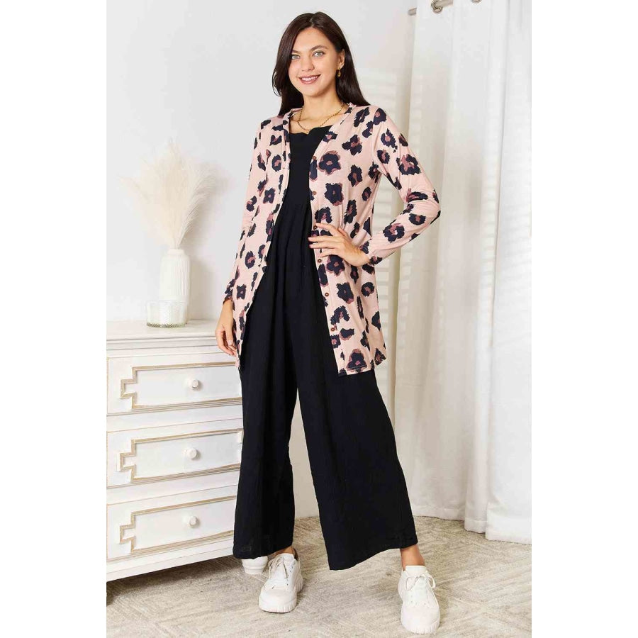 Double Take Printed Button Front Longline Cardigan Clothing