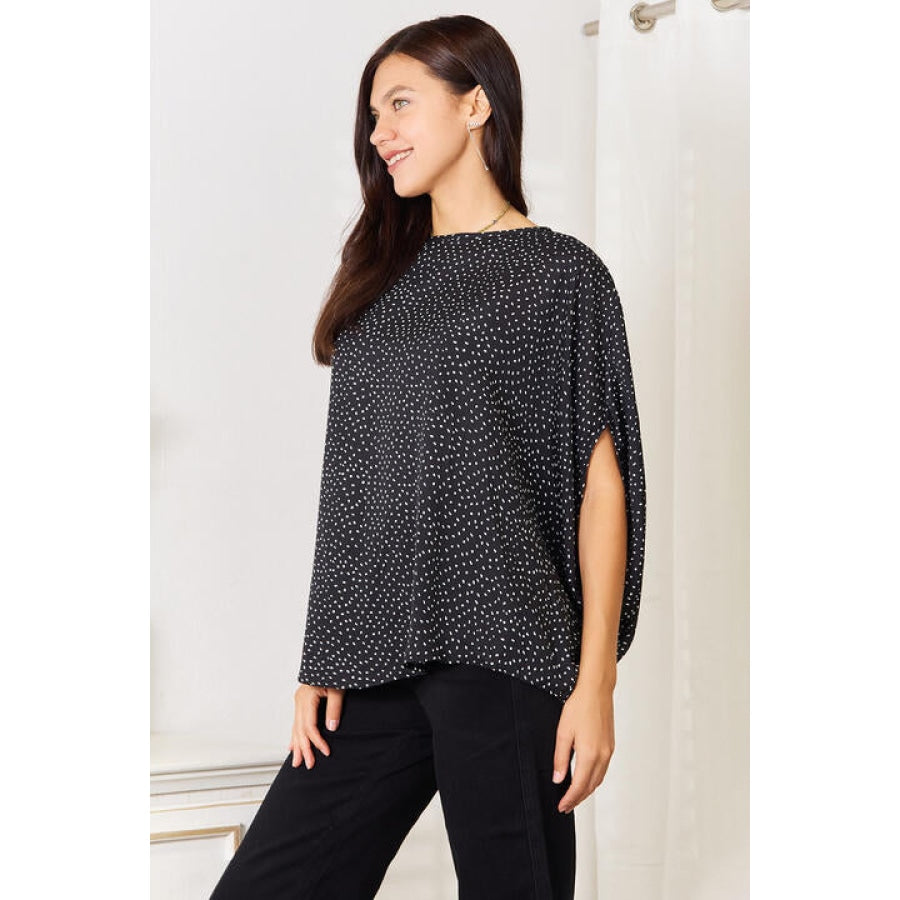 Double Take Printed Dolman Sleeve Round Neck Blouse Apparel and Accessories